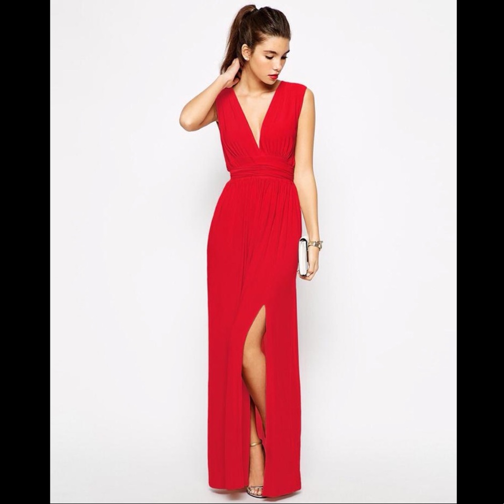 Long V Neck Dress w/ Slit and tied at the waist
